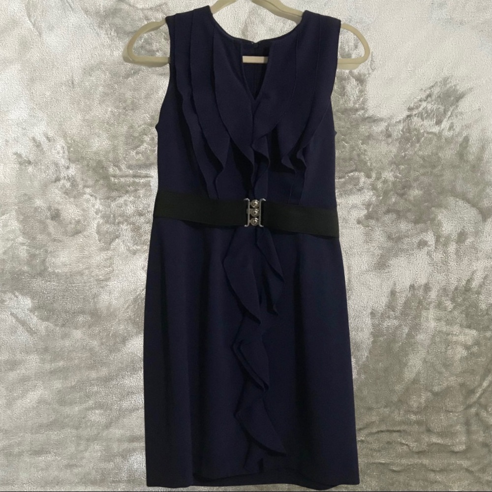 Soho Apparel Petite Belted Ruffled Sheath Dress Navy Blue Size 8P Work Office